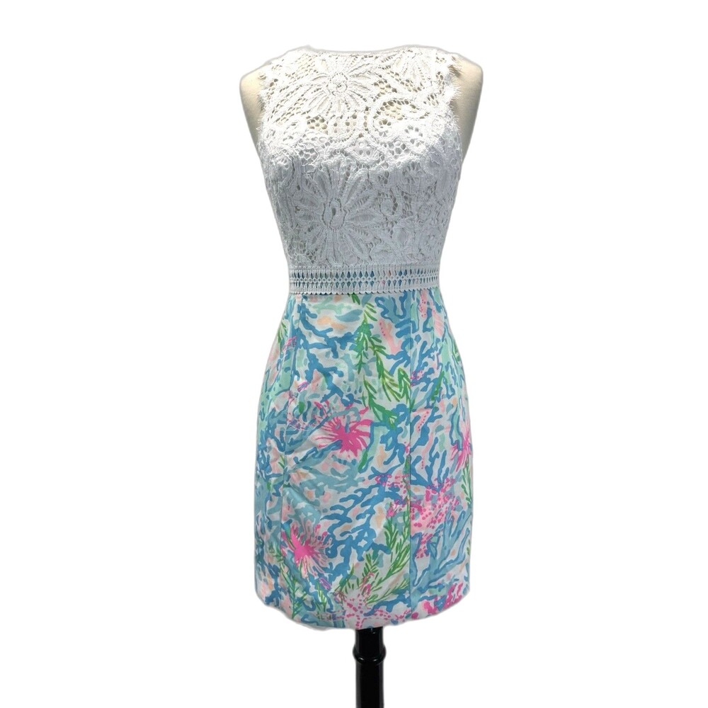Lilly Pulitzer Sharice Stretch Shift Dress 00 in Multi Coral Bay Sleeveless Luxe - Picture 2 of 9
